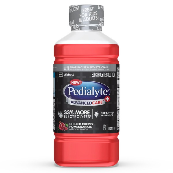 Pedialyte AdvancedCare+ Electrolyte Drink with 33% More Electrolytes and has PreActiv Prebiotics, Chilled Cherry Pomegranate, Ginger, 33.8 Fl Oz