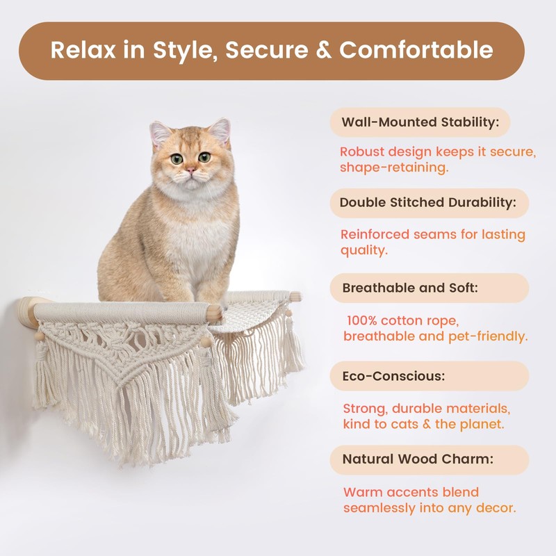 nets Tribe Macrame Cat Wall Shelves & Hammock - Comfy