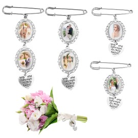 4 PCS Bouquet Charms for Wedding Memory, Bridal Wedding Bouquet Photo Charm for Bride, DIY Pin Brooch Making Kit with You Are Always in My Heart Charm for Memory Friend Gift