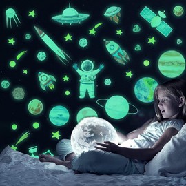 74 Pzs Pegatinas Luminosas de Pared, Espacio Astronauta Nave Espacial Calcomanías de Pared Que Brillan en la Oscuridad Estrellas Creativas Fluorescentes Planetas Cohetes Decoración