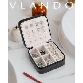 Vlando Travel Jewelry Case with 16 Earring Plates,Small Travel Jewelry Organizer Box,Gift for Girls Women,Black