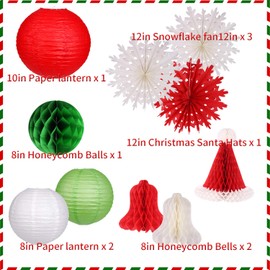 Christmas Party Decorations Hanging Paper Lanterns Christmas Hat Bells Honeycomb Snowflake Fan for Party Home Yard Indoor Outdoor Christmas Decor