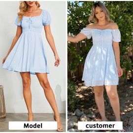 Byinns Women's Sweetheart Neckline Dress Smocked Sundress Puff Short Sleeve Drawstring Dresses Light Blue