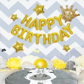 Gold Happy Birthday Banner - 16 Inch Foil Letters Crown Balloons Star Balloons Birthday Party Decorations 18Pcs