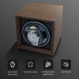 LIAN Automatic Single Watch Winder with Japanese Mabuchi Quiet Motor Wooden PU Leather Soft Flexible Memory Foam Watch Pillows for Men's and Women's Watches BlackGrey