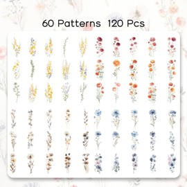 Hisize 120 Pieces Vintage Flower Stickers - 60 Patterns Waterproof Clear Botanical Floral Stickers for Scrapbooking Junk Journal Supplies Bullet Journal Sticker Planner Collage Laptop Paper Crafts