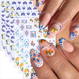 6 Sheets Bohemian Style Nail Decals for Nail Art Lemon French Tip Nail Stickers 3D Self-Adhesive Fruit Orange Nail Art Stickers Bohemian Design Nail Sticker for Women Acrylic Nails Decoration