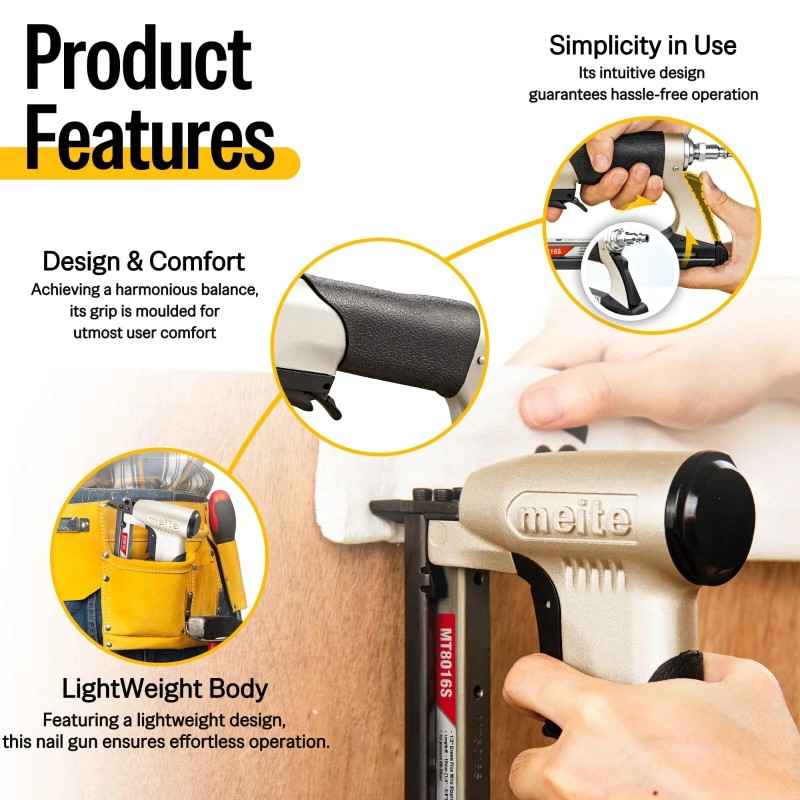 meite Pneumatic Upholstery Stapler With Safety Trigger Fine Wire Stapler