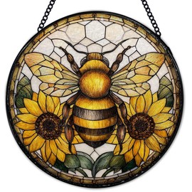 Hiuwevt Bee Sunflower Suncatcher Stained Glass Window Hanging, Cottagecore Honeybee Sunflower Sun Catchers Indoor Window Glass Wall Art Decor, Bee Floral Round Wall Hanging Decorations, 7.9x7.9 inch