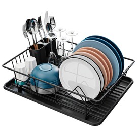GSlife Dish Drying Rack with Drainboard - Dish Racks for Kitchen Counter, Dish Drainer with Utensil Holder, No Drain Spout, Black