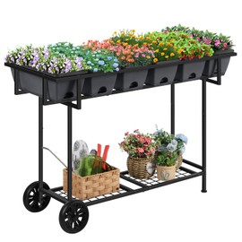 YBING Raised Garden Bed with Wheels Outdoor Elevated Planter Box Stand 6 Pocket Raised Flower Bed with Legs and Storage Shelf Herb Garden Planter for Patio 30" Tall, Dark Grey