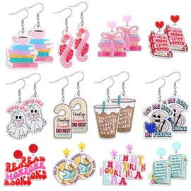 Nosiny 12 Pairs Glitter Acrylic Book Earrings for Book Lover Women Funny Reading Ghost Coffee Silly Goose Drop Dangle Earring Bookish Jewelry Accessories Supply for Bookworm Reading Lover Teacher Gift