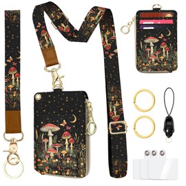 Lanyard Wallet with ID Badge Holder, Mushroom Butterfly Lanyard with ID Holder Zipper, RFID Card Holder for Women, Detachable Neck Lanyard Wrist Strap with Keychain for Nurse Doctor Teacher Gifts