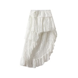 Caziffer Women's Summer Lace Skirt High Waist Asymmetric Ruffled Hem Skirt Elegant A-Line Midi Skirts (White, ONE Size)