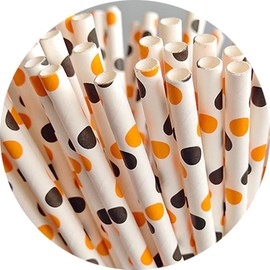 Haobase 50Pcs Paper Drinking Straws, Biodegradable Paper Straws for Drinking Cocktail, Coffee, Cold Drinks (Three-Coloured) (White/Orange Black Dots)