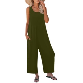 Nfsion Women's Summer Casual Loose Tank Jumpsuit Sleeveless Crewneck Long Pants Jumpsuit Romper with Pockets Large Army Green