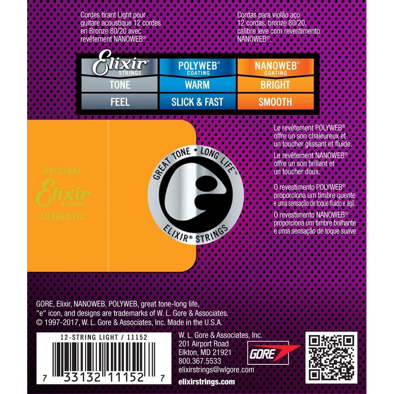 Elixir 80/20 Bronze Nanoweb 11152 12-String Light 10-47 Acoustic Guitar