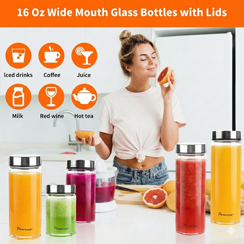 poweco Glass Juice Bottles 4 Pack 10 oz - Wide