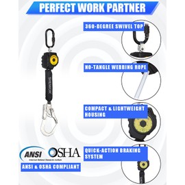 6FT Self Retracting Lifeline, Swivel Top Lightweight Housing Shemior Web SRL ANSI Self Retractable Safety Lanyard, Fall Arrest Protection Gear for Roofing Construction, Rebar Hook