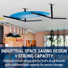 MyGift Garage Ceiling Mounted Industrial Metal SUP and Surfboards Adjustable Storage Rack, Space Saving Hanging Ladder Holder Rack, 2 Piece Set
