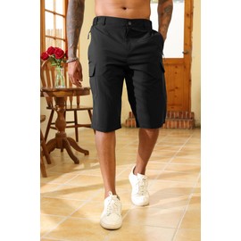 Lexiart - Pantalones cortos tipo cargo para hombre, de secado rápido, ligeros, para trabajo, golf, con 5 bolsillos con cierre, Negro -, Large