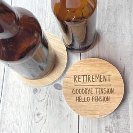 Engraved Wooden Coaster "Goodbye Tension Hello Pension" | Engraved Retirement Gifts For Friends | Funny Retirement Gifts For Mum Dad | Novelty Retirement Gifts For Colleagues Boss (White)