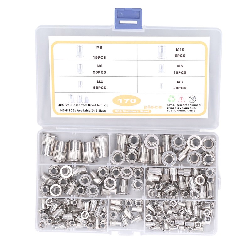 170pcs M3‑M10 304 Stainless Steel Rivet Nuts Durable Flat Head