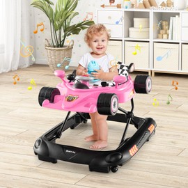 HONEY JOY Baby Walker, 4-in-1 Foldable Infant Activity Push Walker, Toddler Car Walker w/Adjustable Heights, Music, Lights, Removable Tray, Baby Walker with Wheels for Boys Girls 7-14 Months (Pink)