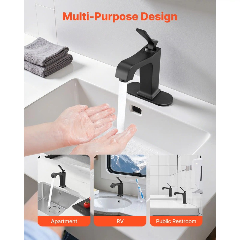 Matte Black Single Handle Kitchen Faucet with Push-Button Drain Easy-to-Use