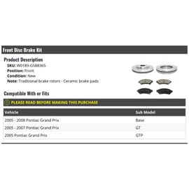 Front Ceramic Disc Brake Pad and Rotor Kit - Compatible with 2005-2008 Pontiac Grand Prix