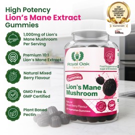 Royal Oak Health Lion's Mane Mushroom Gummies - 60 Natural Mixed Berry Flavour Gummies - UK Made