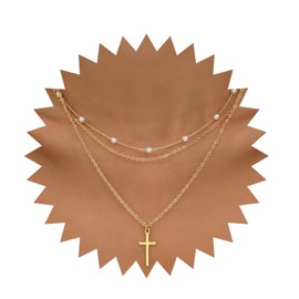 Andelaisi Boho Layered Pearl Choker Necklace Gold Cross Choker Necklace Vintage Station Pearl Chain Necklace Multilayer Cross Crucifix Pendant Necklace Jewelry for Women