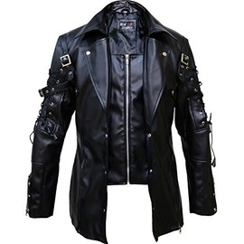 The Jasperz Punk Rave Poison Black & Maroon Jacket Mens Faux Leather Goth Steampunk Military Coat, XXS-3XL (Large, Black)