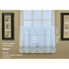 Today's Curtain, Vintage Macramé Organza Tier 30", White/Blue, 58" W x 30" L