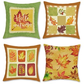 Bonhause Autumn Maple Leaves Cushion Covers 45 x 45 cm Yellow Orange Green Leaf Polyester Linen Decorative Throw Pillow Covers for Sofa Bed Home Garden Outdoor Decor Set of 4