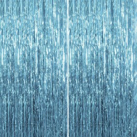 DABAOOU 2pcs 3.28 x 6.56 Ft Blue Glitter Party Streamers Backdrop Tinsel Foil Fringe Curtains Decorations for Birthday, Wedding, Graduation School Baby Shower Birthday Disco Party Decor Supplies