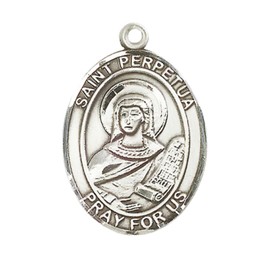 Mens Oval .925 Sterling Silver Saint Perpetua Medal Pendant on 24" Rhodium Plated Heavy Curb Brass Chain with Lobster Claw clasp, Catholic Religious Necklace -Made in USA- Velvet Gift Box