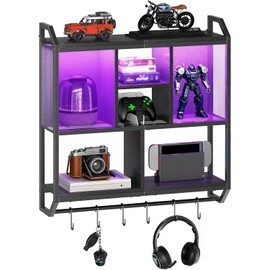 HOOBRO Gaming Floating Shelves with LED Lights, 28.7" LED Wall Mounted Shelf, 3-Tier Display Rack for Wall Storage, Floating Rack with Hanging Rod and 6 S-Hooks, for Gaming Room, Black BB70DBJ01