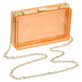 QUARKZMAN Women's Clear Purse, Acrylic Clear Clutch Bag, Square Acrylic Purses, Transparent Crossbody Handbag with Removable Chain for Travel, Office, Orange/Gold, Orange/Gold