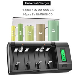 Universal Battery Charger for AA, AAA, 9V, D, C Rechargeable Battery Cell with 4 Pack NiMH C Size Rechargeable Batteries