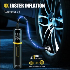 Tire Inflator Portable Air Compressor, Omont 150PSI Electric Bike Tire Pump Cordless Air Pump for Car Tires, 4X Faster Portable Tire Inflator with Digital Pressure Gauge for Car Bike Motorcycle Ball