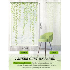 Breling Willow Voile Curtains Cute Green Sheers Leaf Curtain Tulle Vine Window Curtains Sheers Ivy Pretty Curtain for Living Room Bedroom Window Door Balcony(2 Pieces,39.4 x 63 Inch)