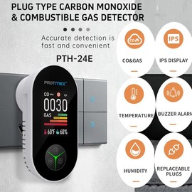 Protmex Portable Carbon Monoxide Detectors & Natural Gas Detector Plug in, Temperature Humidity Sensor Built-in, Gas & CO Monitor Alarm Sound Warning for Kitchen/Garage/Travel - Colour: PTH-24E