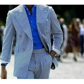 Mrbuerly Men's Seersucker Suits 2 Piece Casual Summer Beach Wedding Prom Suit Navy Blue Seersucker Striped Blazer Pants Set S