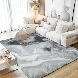 Abstract Mables Washable Rugs 5x7 Area Rugs for Living Room White Grey Golden Mable Throw Large Bedroom Kitchen Rug Non-Slip Low-Plie Entryway Rug Floor Mat Carpet for Dining Laundry Room Office Rug