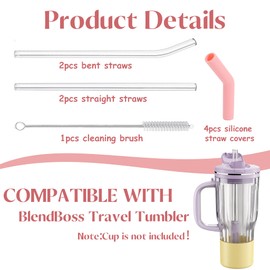 Asix Toy 4 Pack Reusable Glass Straws Compatible with Ninja BlendBoss Travel Tumbler,10mm Straws for Smoothies and Milkshakes,with 4 Silicone Covers and Brush (Glass)