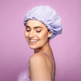 Large Shower Cap, Reusable, Double Layer Lined with Soft Waterproof Material, Ruffle Trim, for All Hair Lengths (Purple)