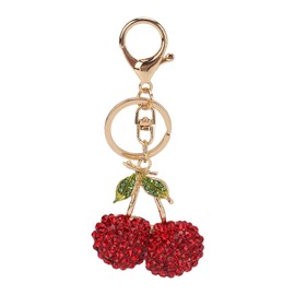 Sweet Cherry Keychain, Zinc Alloy Key Ring with Rhinestone Decoration, Sparkling Fruit Cherry with Leaves Keyring, Cute Cherry Keyring Charm, Car Keychain Accessories for Women and Girls (Red)