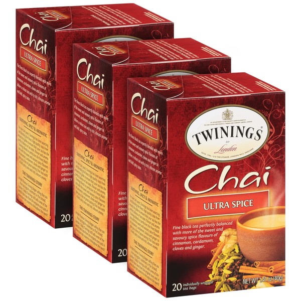 Twinings Ultra Spice Chai Tea Bags - Individually Wrapped, Black Tea with Cinnamon, Ginger, Cardamon & Clove, 20 Count (Pack of 3)