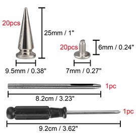 YORANYO 20 Sets 25MM Silver Color Metallic Spikes and Studs 1" Metal Bullet Cone Spikes Screw Back Large Punk Studs and Spikes for Clothing Shoes Leather Belts Bags Rivets with Installation Tools
